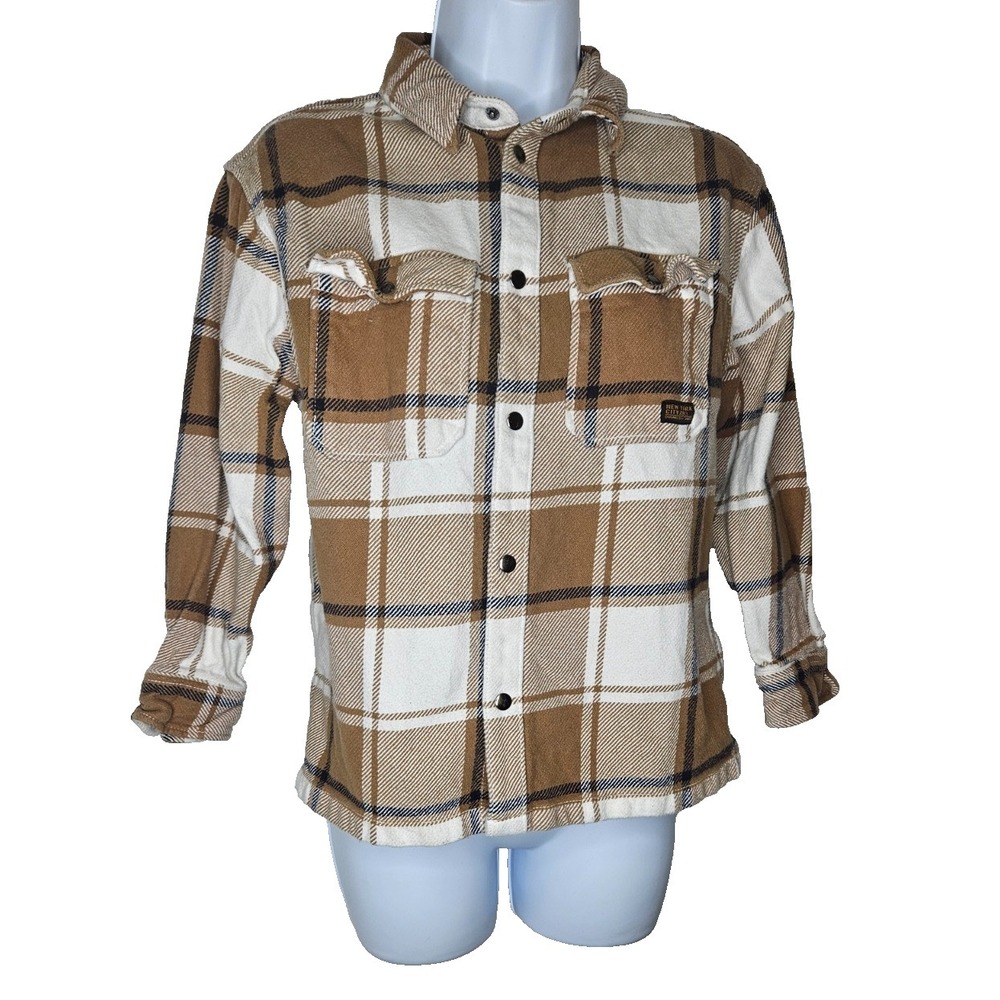 H&M Plaid Flannel Shacket Womens 10 Tan Cream Button Up Jacket‎